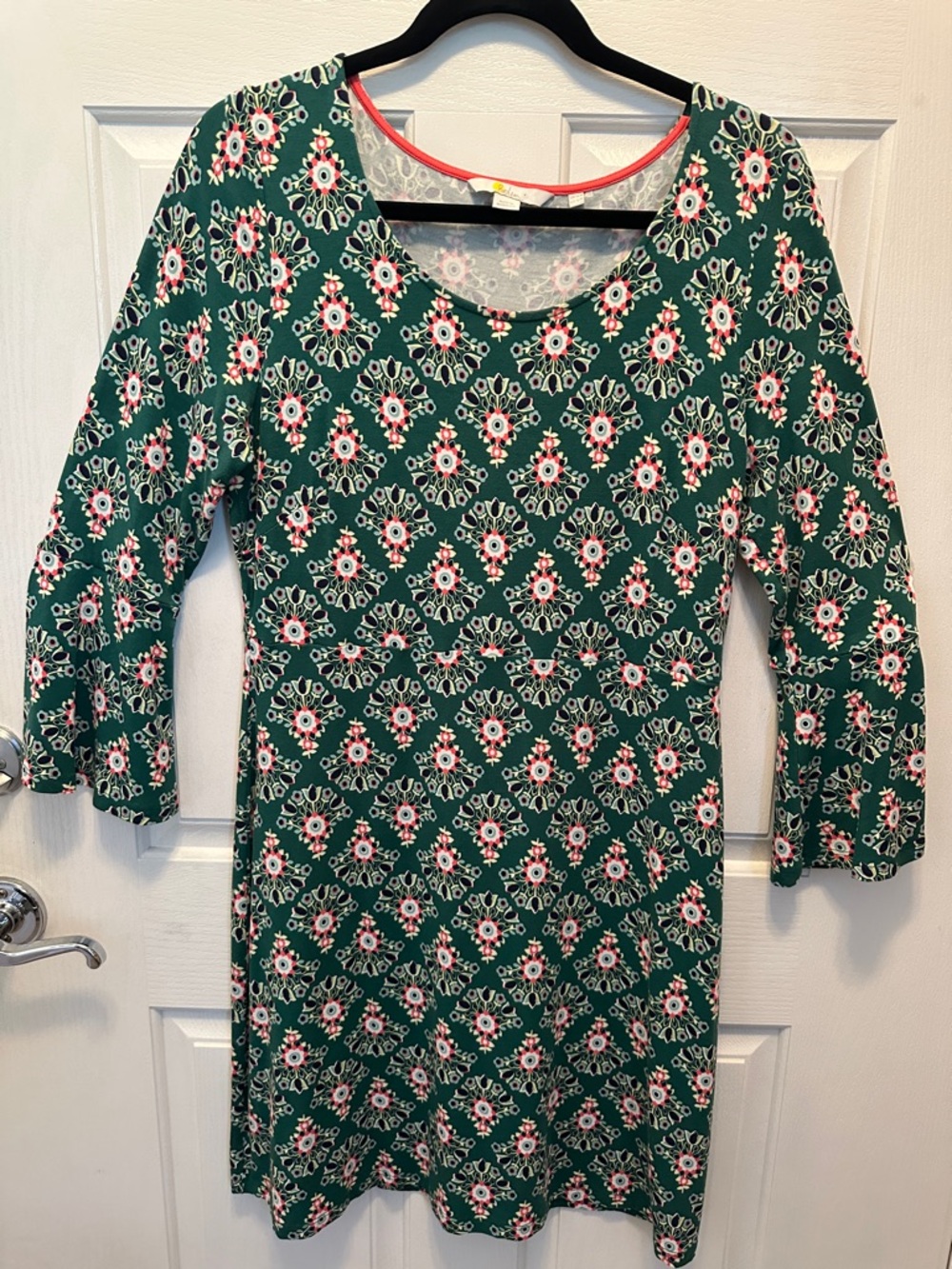 Boden Emerald Green Floral Scoop Neck Floral Print Bell Sleeve Dress Size 12